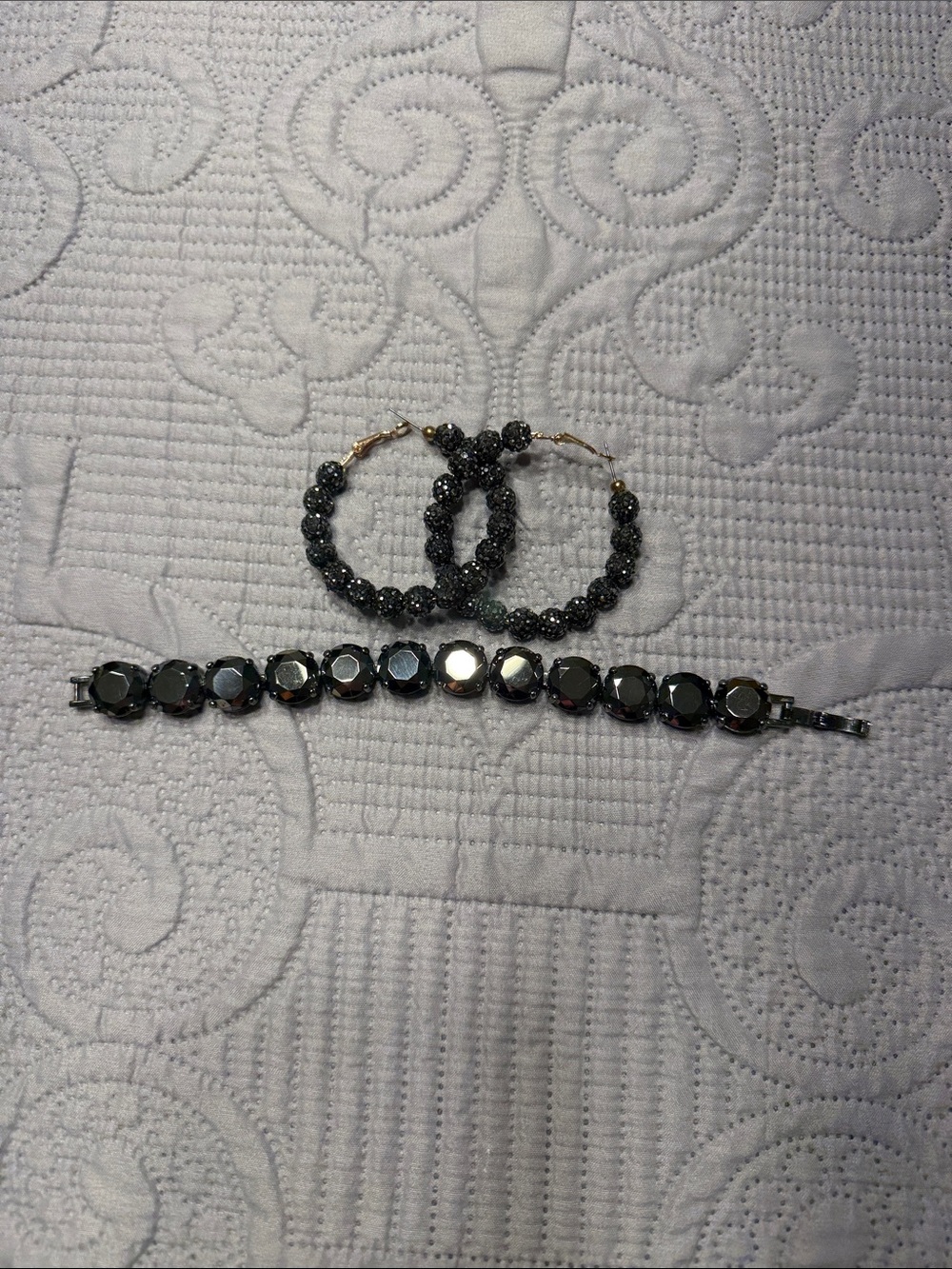 Sparkling Hematite-Like Beaded Hoop Earrings and Bracelet Set